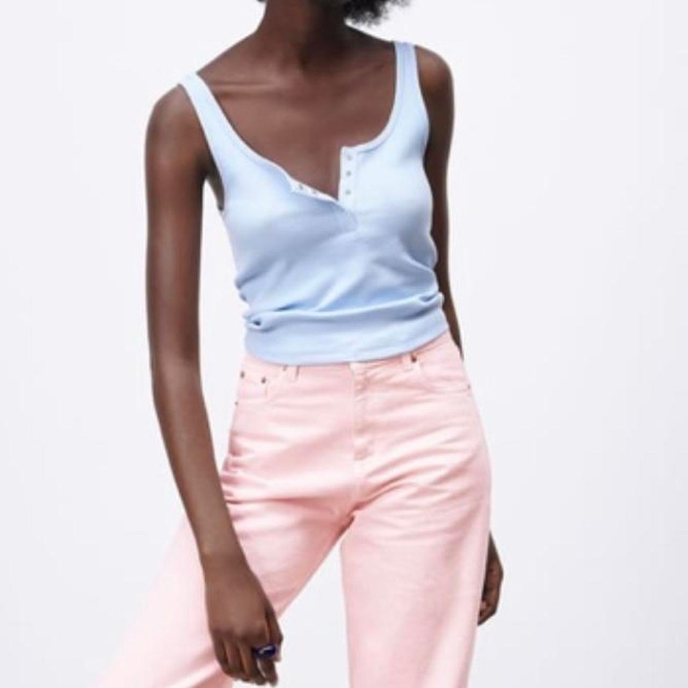 ZARA RIBBED TANK TOP WITH BUTTONS SKY BLUE